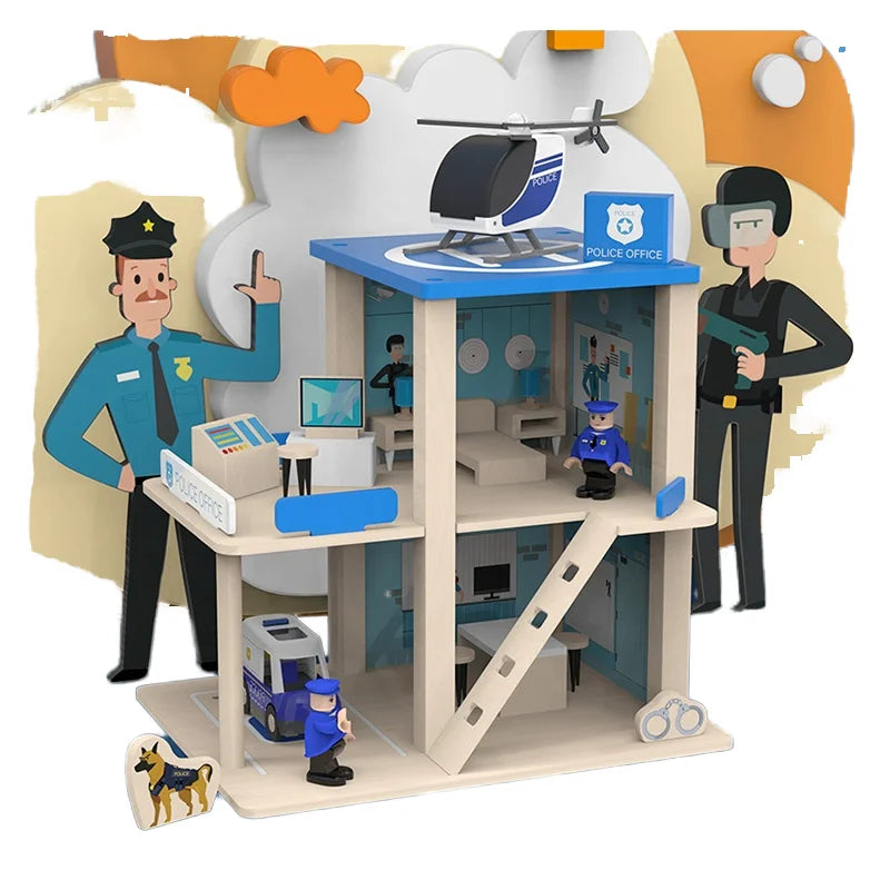 Children's Educational Wooden Toys Assembling Play House Parking Lot Station Simulations-Police Police Station Kids'
