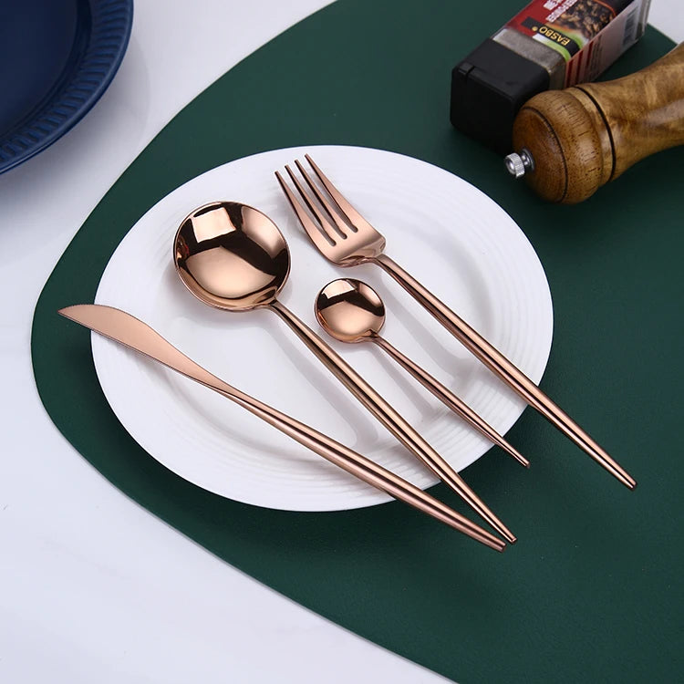 Stainless Steel Rose Gold Unique Vintage Style Machine Polish Flatware Cutlery Set with Customized Logo for Back School Wedding