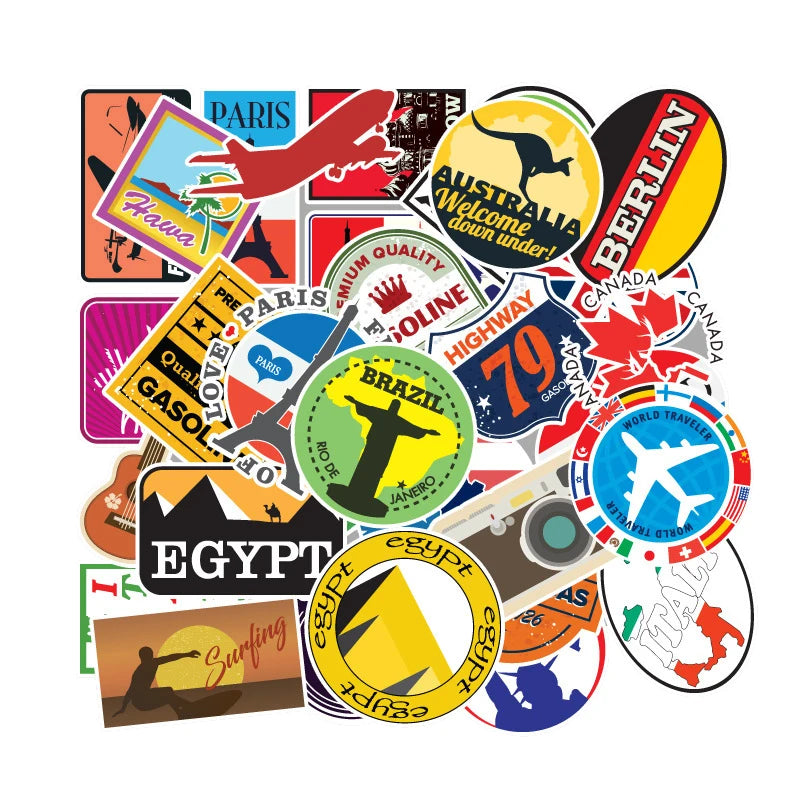 100Pcs World Travel Landmark Logo Graffiti Sticker for Laptop Phone Bottle Bag Notebook Waterproof PVC Custom Label