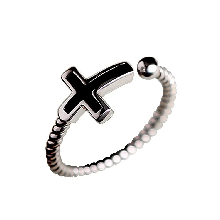 Dainty Adjustable Rope Shaped Band Silver Color Black Enamel Cross Rings