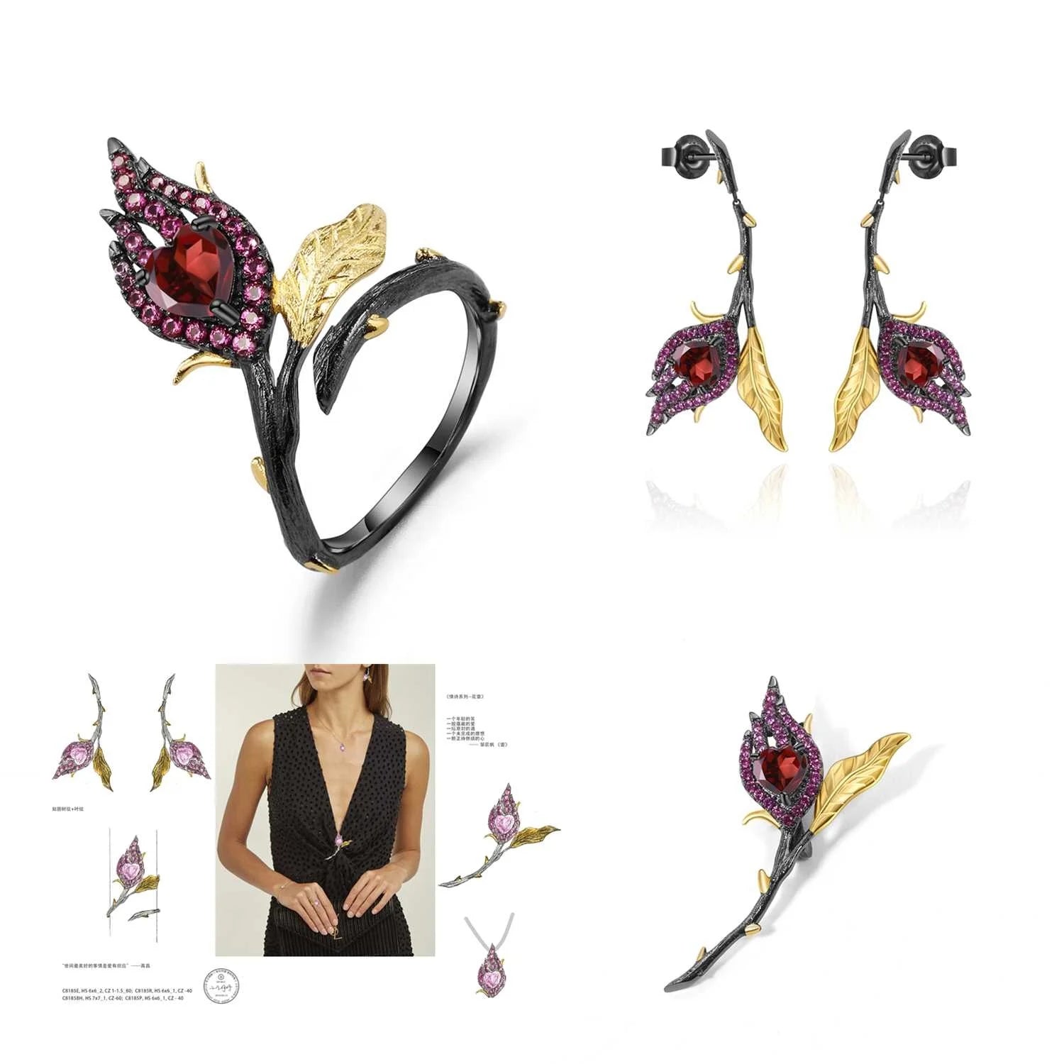 Abiding Designer Style 925 Silver Two Tone Handmade Burning Heart Natural Garnet Woman's Adjustable Gemstone Fine Jewelry Set