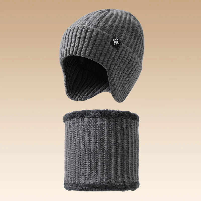 Hot Selling Ear protection Two-piece Beanie Set Knitted Men Warm Winter Hats and Scarfs Sets
