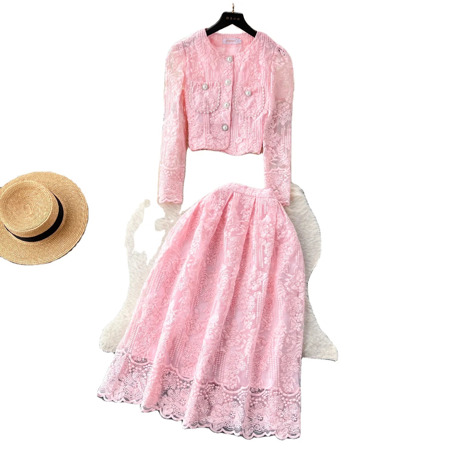 LE4232 2024 New Gentle Lace Two-Piece Set Women Elegant Hollow Hook Embroidery 2-Piece Set O-Neck Top+Skirt Lady Lace Suit