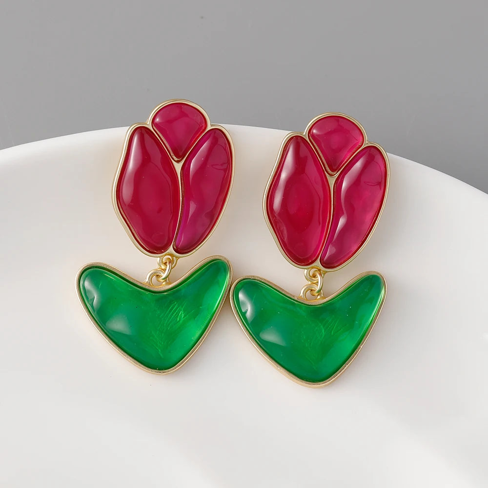 Personality Gold Plated Acrylic Floral Earrings Red Green Resin Tulip Flower Stud Earrings for Girl