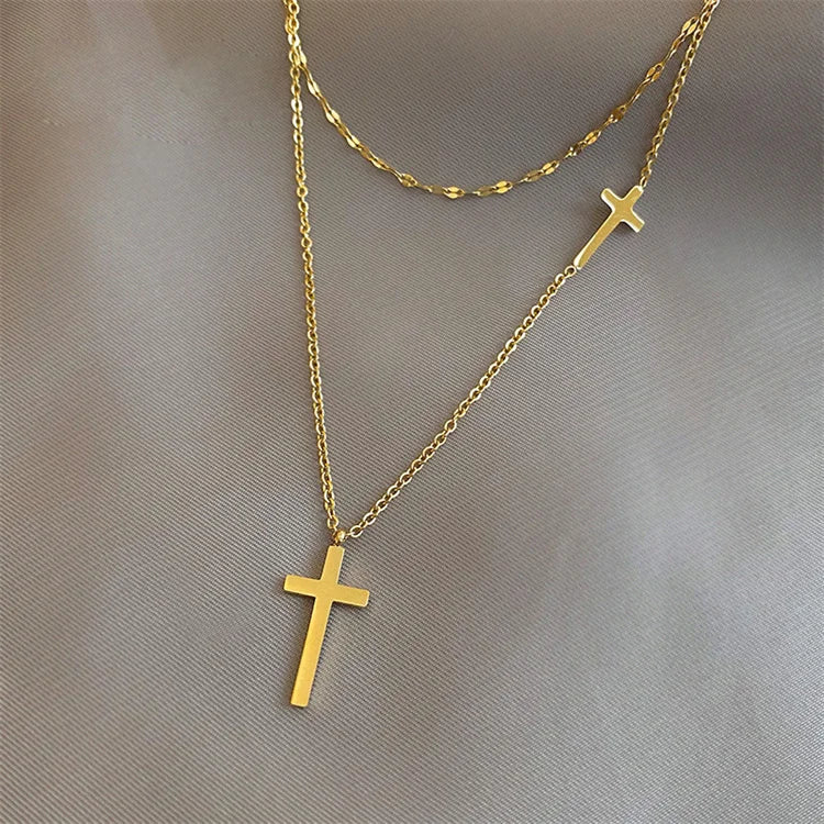 Wholesale New Fashion Jewelry 316l Stainless Steel 18k Gold Plated Double Cross Pendant Necklace Women