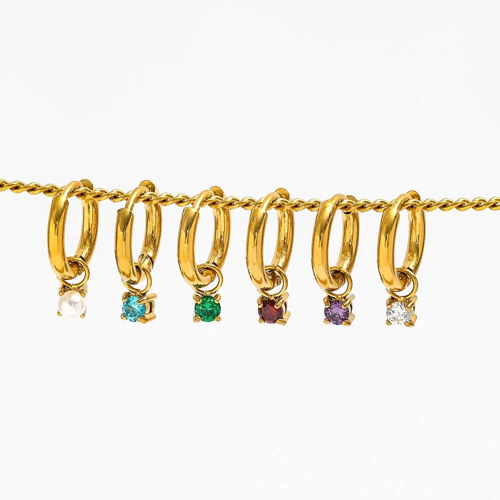 JOOLIM Vintage 18K Gold Plated Freshwater Pearl Huggie Earring Clear Colorful Mini Zirconia High-End Stainless Steel for Parties