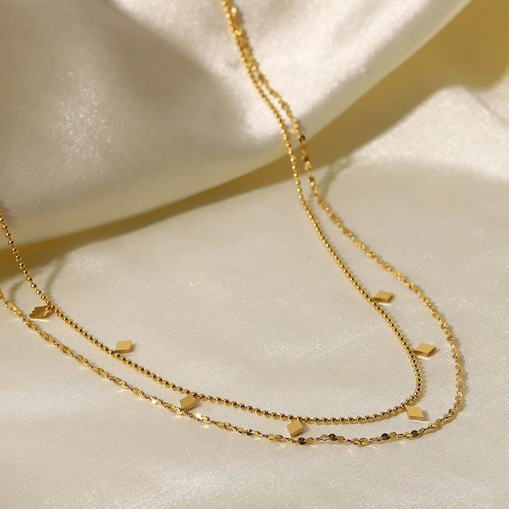 Lateefah Simple 18K Gold Plated Stainless Steel Fringed Sequin Double Layer Necklace