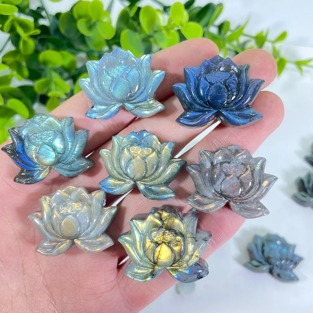 High Quality Hand Carved Natural Labradorite Crystal Decorations Wholesale Lotus Carvings Blue Flash Spiritual for Decoration