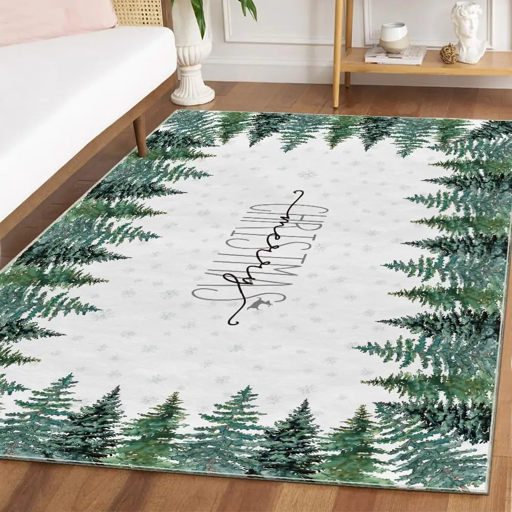 Green Pine Tree Merry Christmas 5x7 Feet Indoor Area Rug Washable Low-Profile Set for Entryway Living Room Laundry