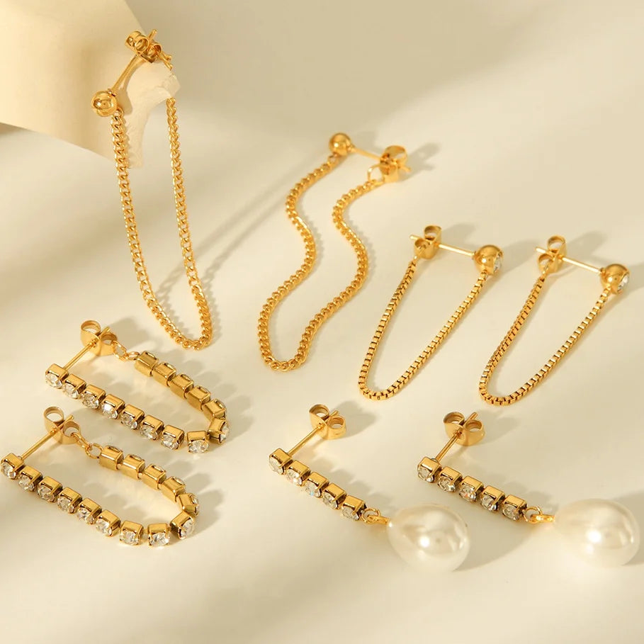 Fashion Popular Earline Tassel Zircon Earrings 18K Gold Waterproof Stainless Steel Chain Pearl Earrings Jewelry Party Gift