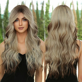 MOQ1 Long Curly Wavy Hair Wigs Blonde Brown Gradient Haircut Wigs Middle Part Layered Synthetic Fiber Hair Wigs for Women