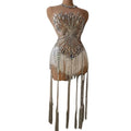 Sexy Crystal Tassel Rompers Stage Performance Wear Pole Dance Leotard See Through Women One Piece Jumpsuit Bodycon Bodysuit
