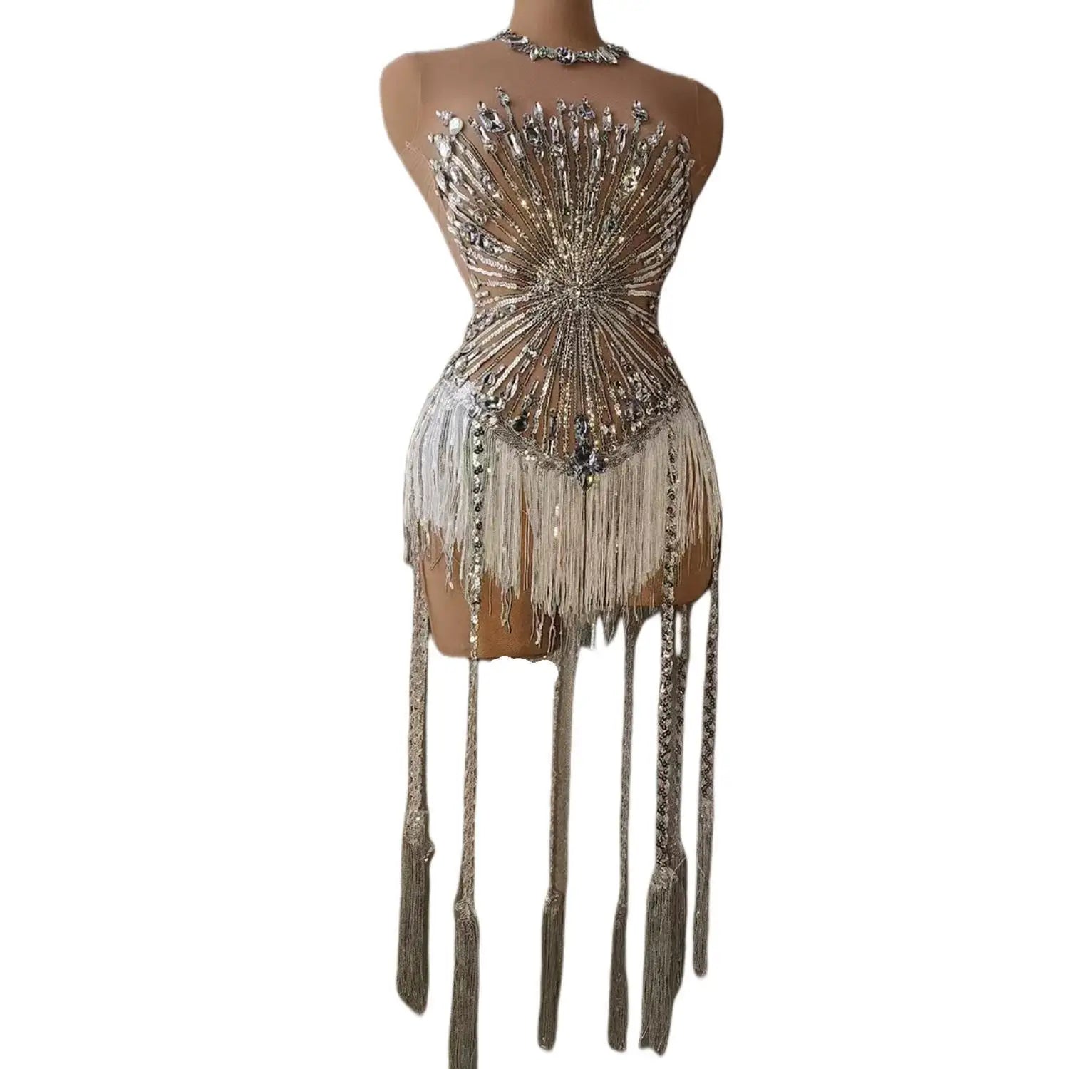 Sexy Crystal Tassel Rompers Stage Performance Wear Pole Dance Leotard See Through Women One Piece Jumpsuit Bodycon Bodysuit