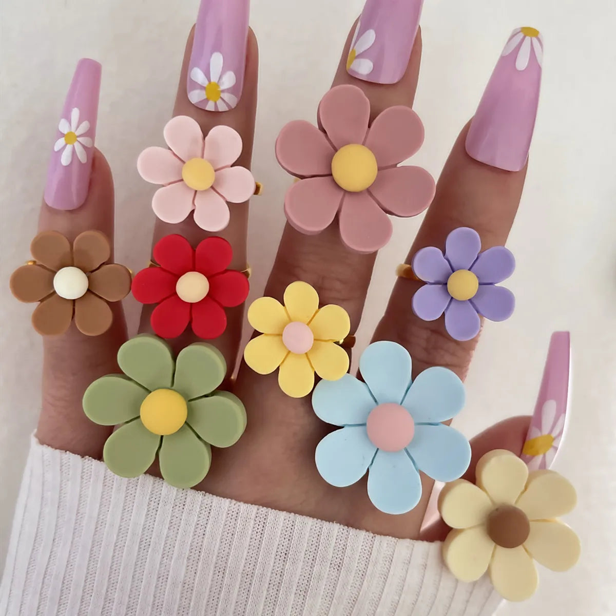9-Piece Set of Colorful Soft Ceramic Flower Adjustable Exaggerated Rings for Women European and American Sweet and Cool Ring