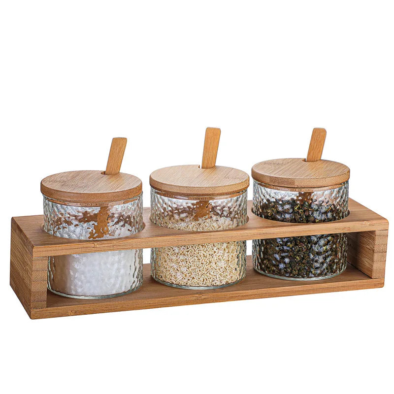Bamboo Lid Seasoning Jar Set Salt Spice Jar 3-piece Set Kitchen Storage Bottle Racks