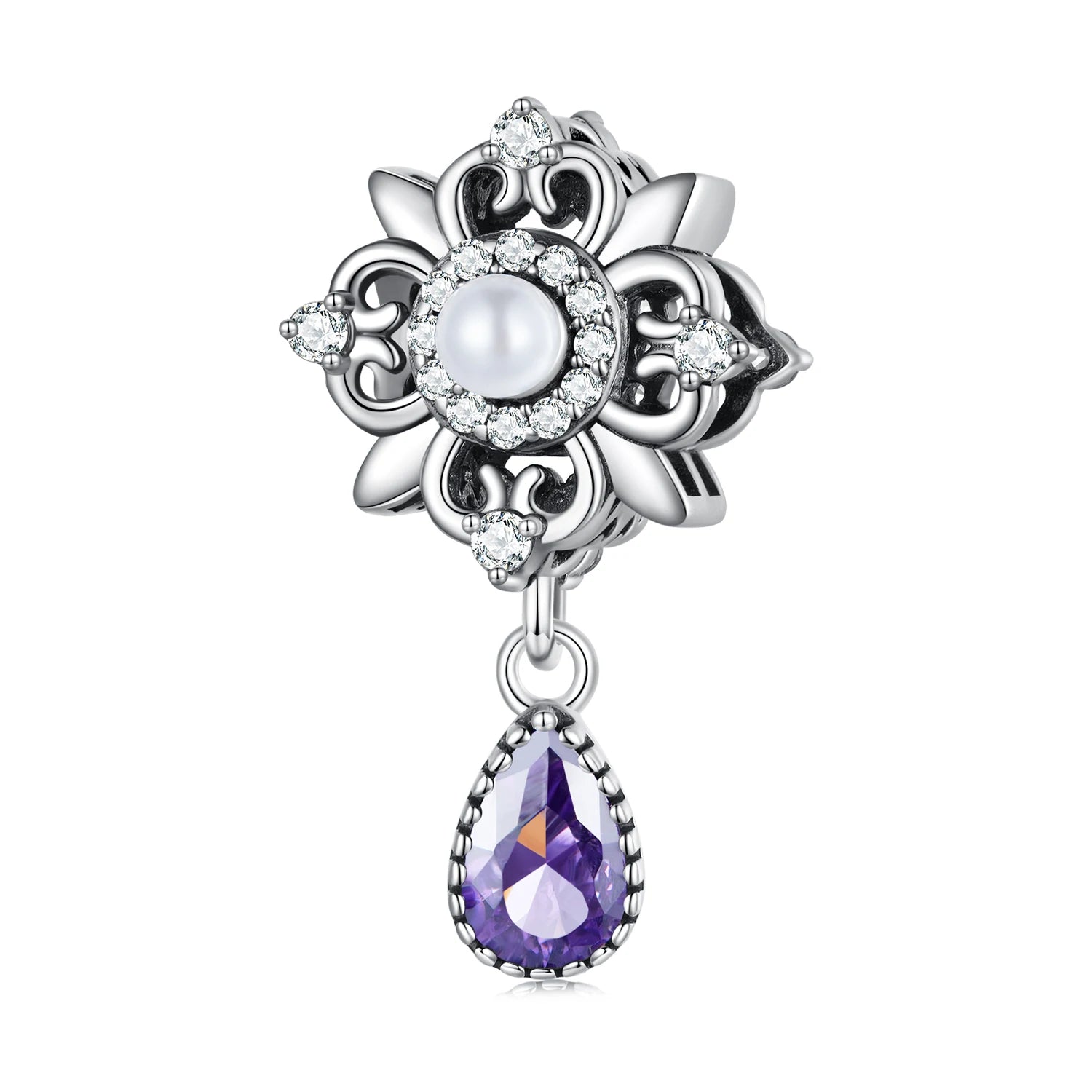 Factory Fashion Jewelry 925 Sterling Silver Fleur-de-lis Bead Purple Zircon Pendant Charms for Women Bracelet Necklace BSC674