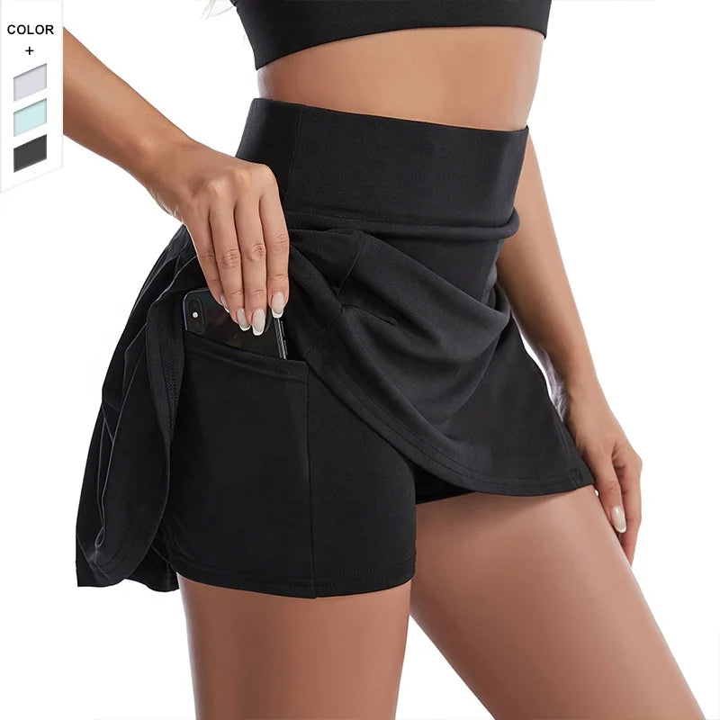 In Stock Quick Drying Sports Tennis Skirt Elastic Waist Back Pocket Hip Lift Running Tennis Skirt