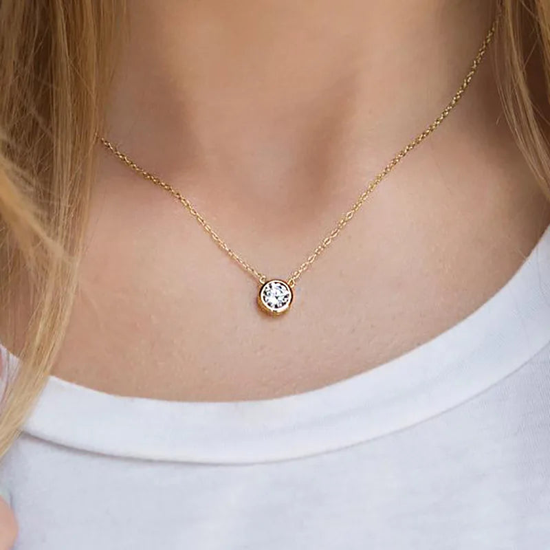 Classical Round Rose Gold Crystal Shiny Pendant Necklace for Women