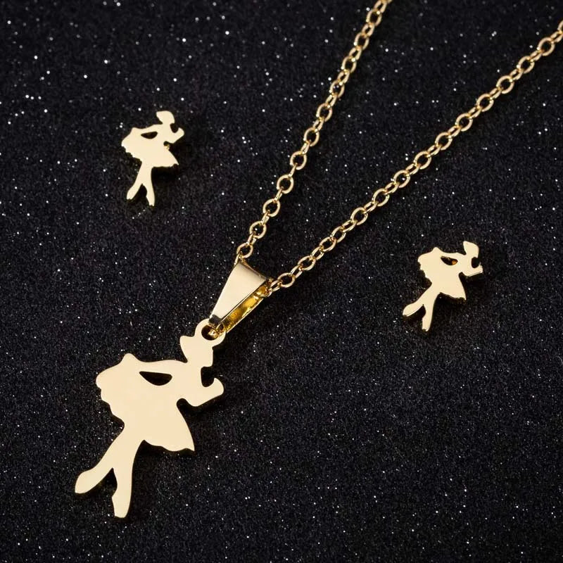 Fashion 18K Gold Silver Plated Stainless Steel Dancing Girl Ballet Dancer Pendant Necklace Earring Jewelry Set for Woman