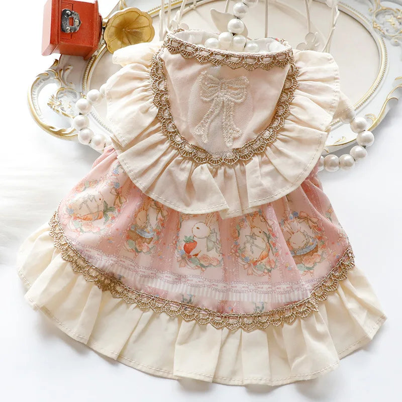New Design Cute Designer Lolita Dog Dress Luxury Pet Cat Princess Clothes with Phnom Penh Rabbit Print for Puppy Kitten