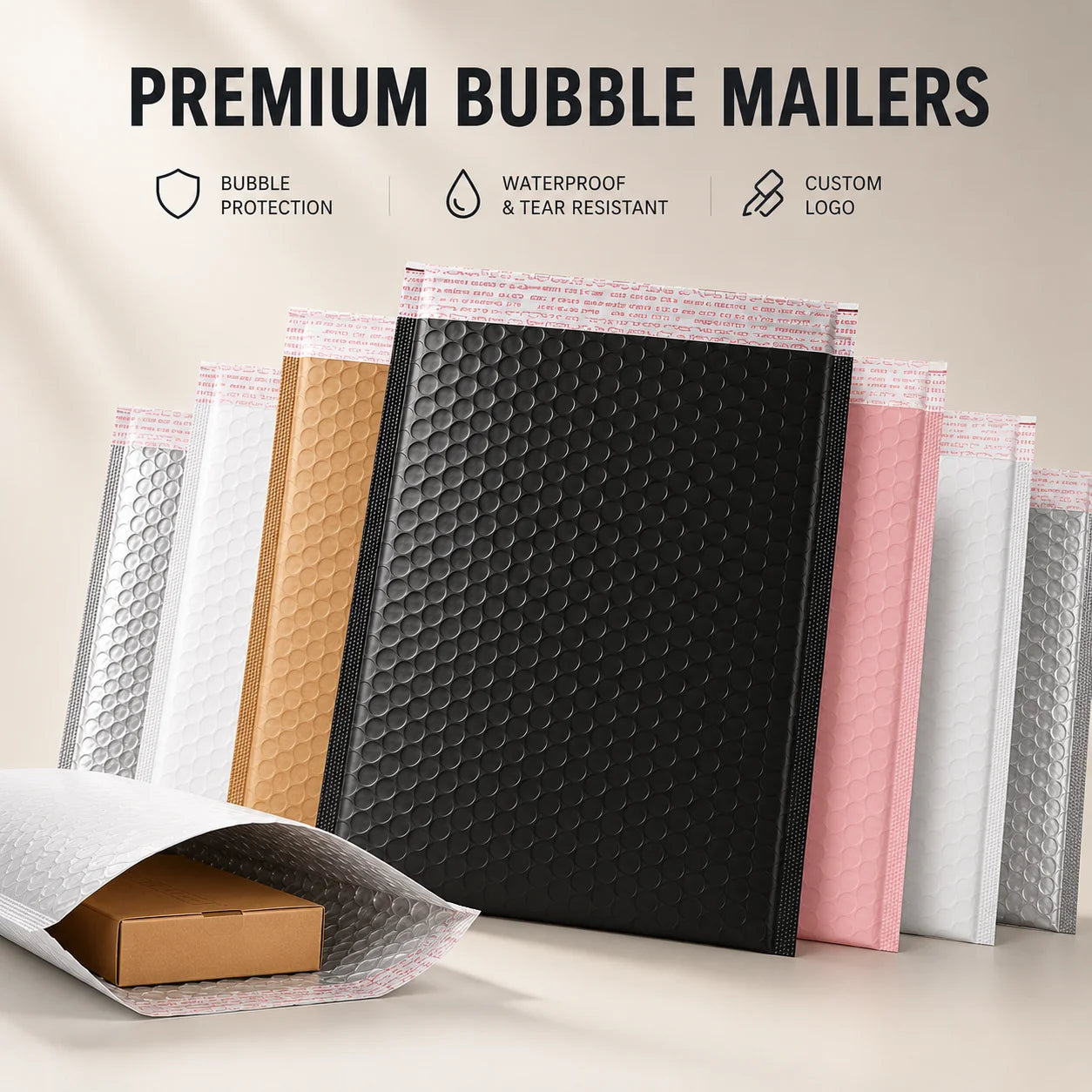 Bubble Mailer Bags Custom Logo Waterproof Poly Bubble Envelopes for Ecommerce Apparel Boutique Fashion Shipping Packaging