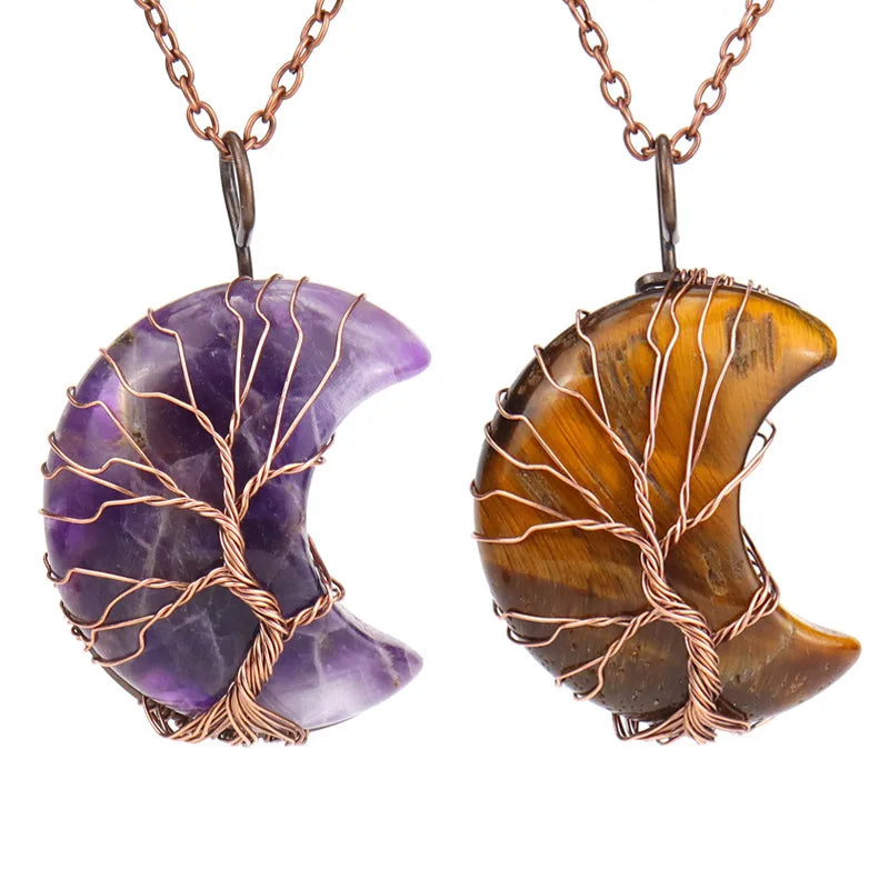 Vintage New Wholesale Moon Shape Bronze Color Copper Wire Winding Gemstone Life Tree Necklace for Women Girls