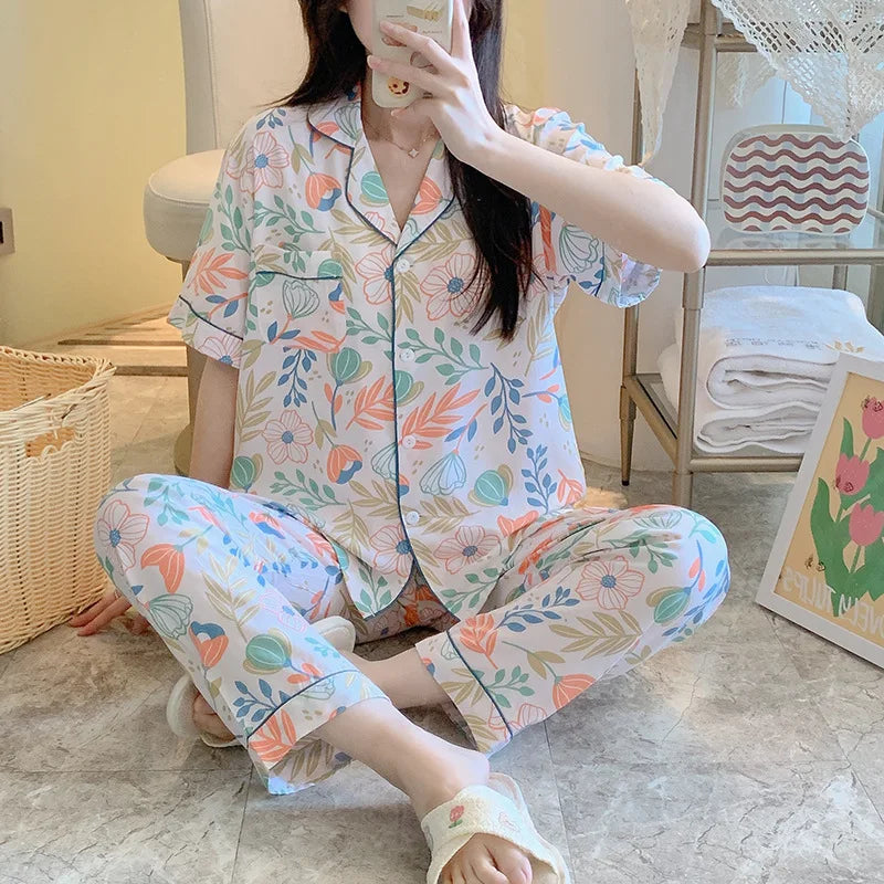 Wholesale Milk Silk Women's Sleepwear Set Women Summer Printed Pajamas Suit Ladies Home Wear