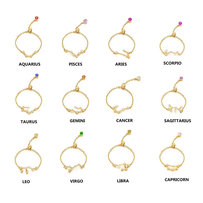 18K Gold Plated Women CZ Horoscope Rings Adjustable 925 Sterling Silver 12 Zodiac Chain Rings