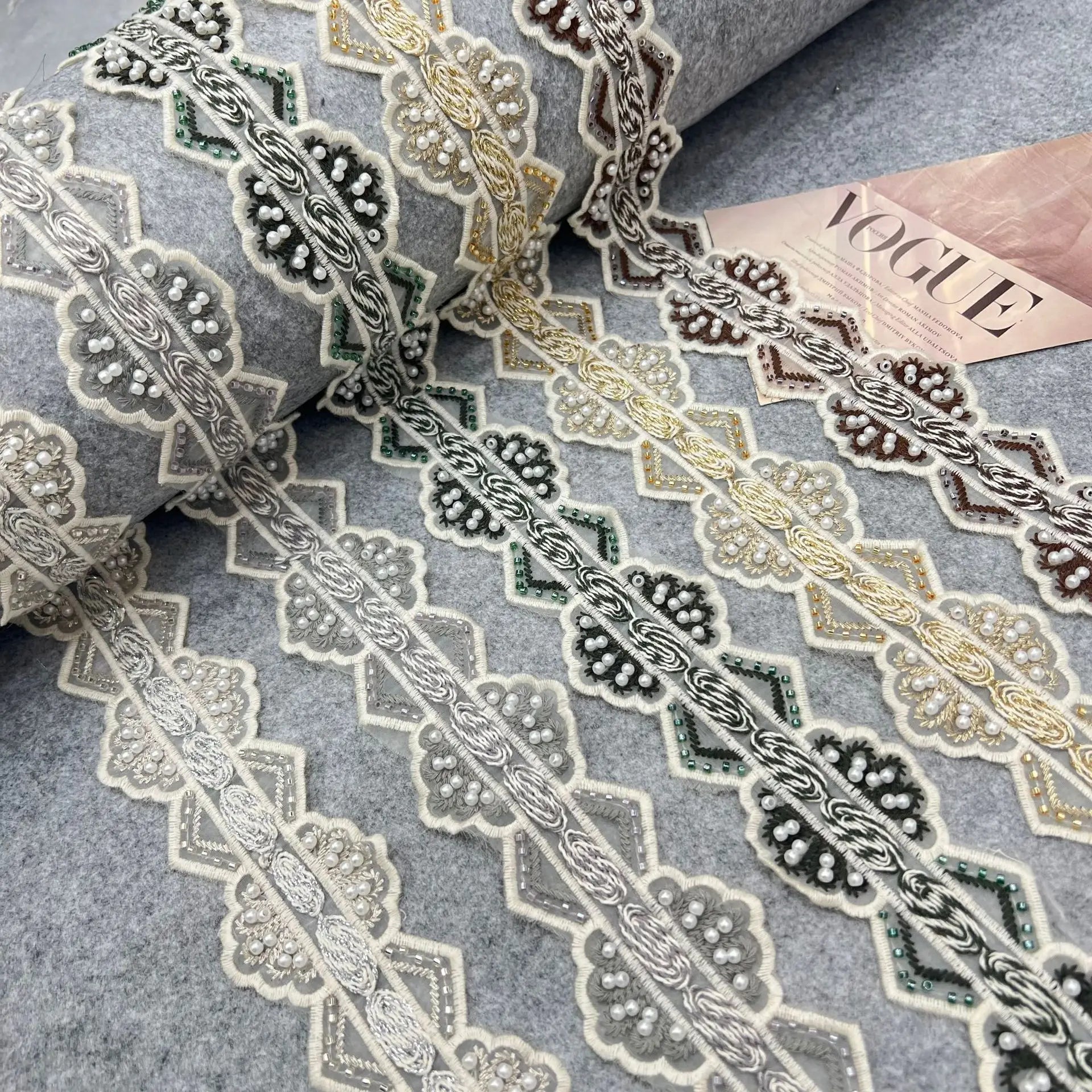 Luxury Traditional Geometric Floral 3D Embroidered Lace Trim Beads Multi-Color Decorative Lace Ribbon for African Indian Dresses