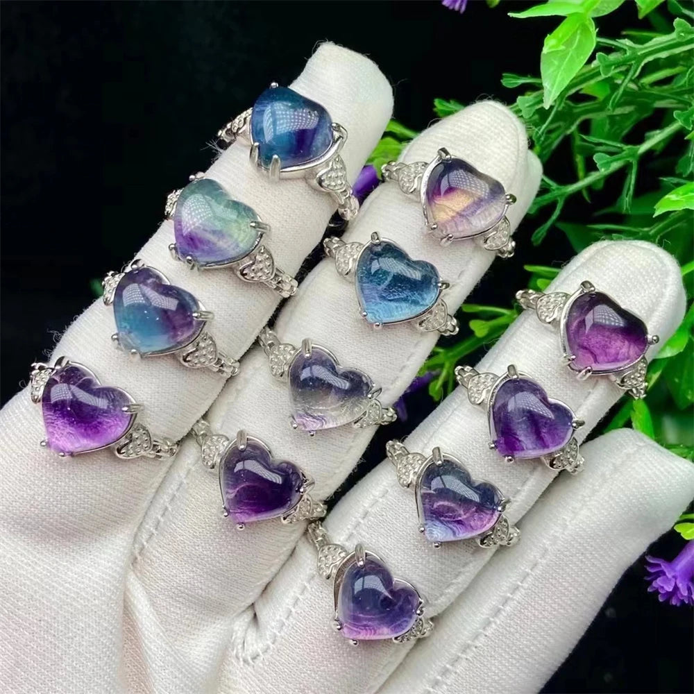 High Quality Gemstone Jewelry Rainbow Fluorite Heart Ring Craving Crystal Gemstone Colorful Rings Adjustable Jewelry for Women