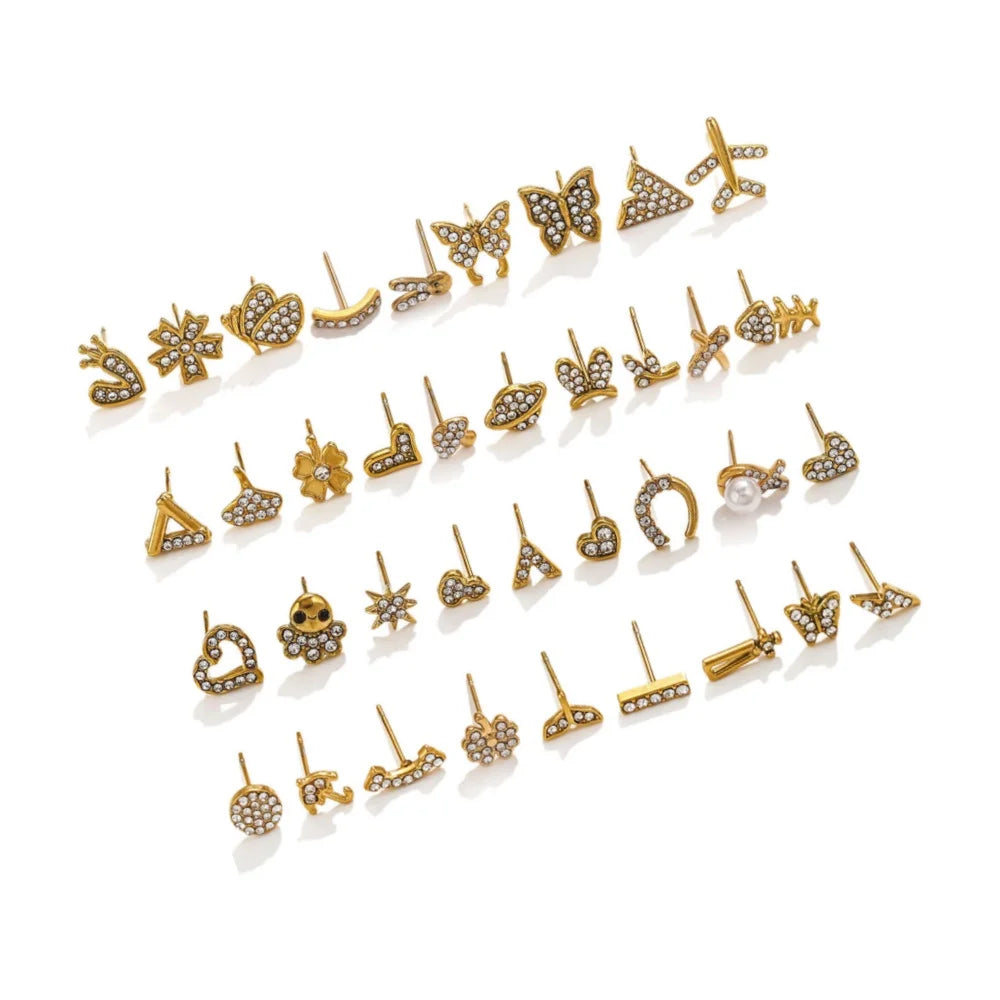 Vintage Waterproof Micro Stone Mini Heart Stud Earrings Tarnish Free 18k Gold Plated Stainless Steel Butterfly Stud Earrings
