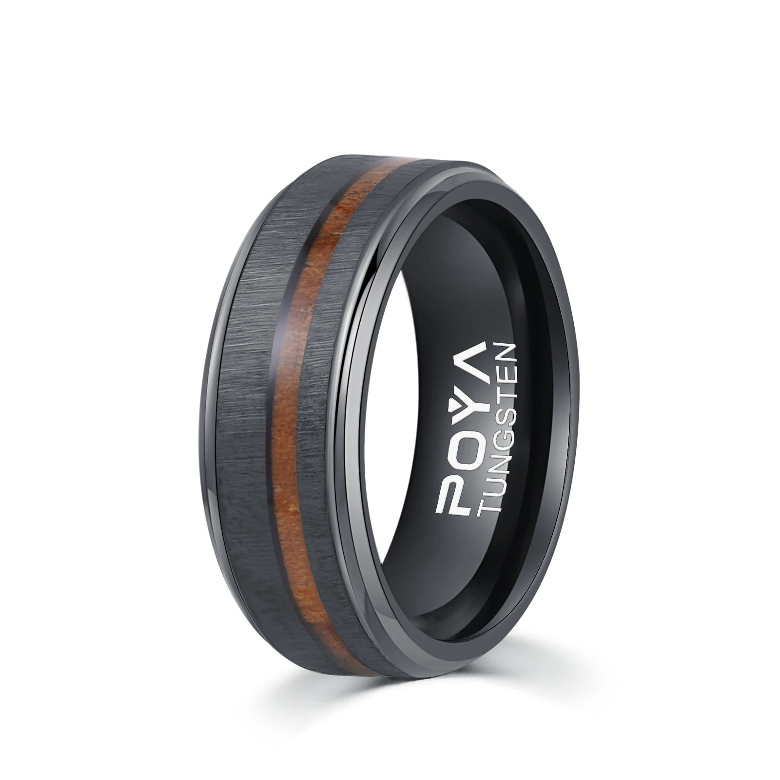 Poya New Style 8mm Step Beveld Edge Wood Inlay Black Tungsten Carbide Ring