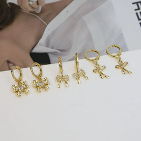 Exquisite 18K Gold Plated Diamond Bowknot Drop Earrings Brass Cubic Zircon Bow Huggie Earrings