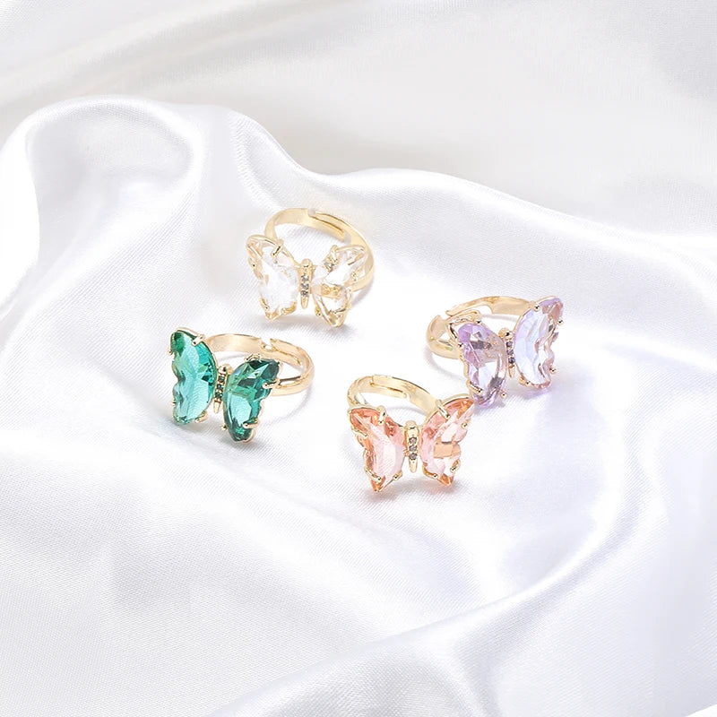 HOVANCI New Creative Green White Purple Pink Color Glass Butterfly Open Rings Resizable Adjustable Clear Crystal Butterfly Rings