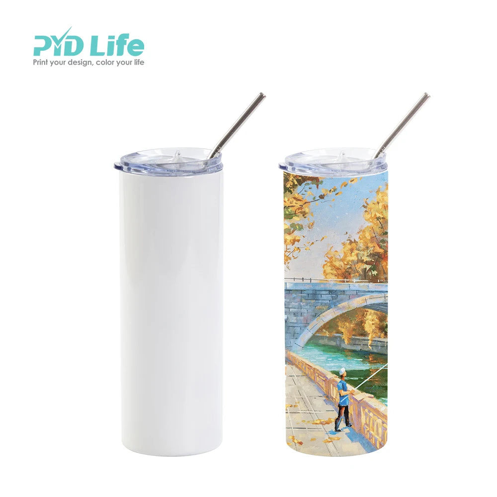 PYD Life RTS Straight Not Tapered 20oz White Sublimation Skinny Stainless Steel Tumbler With Metal Straw
