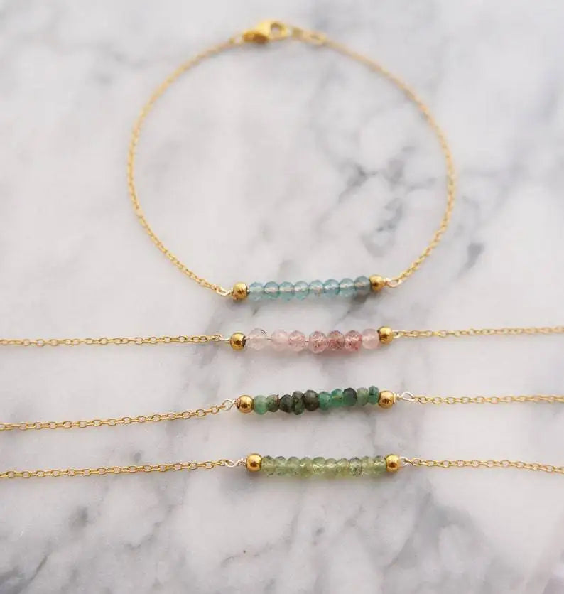 3MM Faceted Natural Stone Crystal Charm Bracelet Aquamarine Lapis Lazuli Gold Plated Stainless Steel Birthstone Bracelet for Her