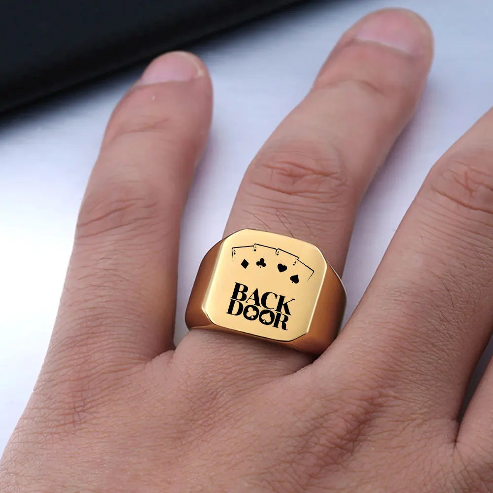 MC195 Wholesale Unisex Gold Plated Titanium Steel Ring 17mm "Back Door" Lucky Poker Card Square Jewelry Punk Fashion Rings