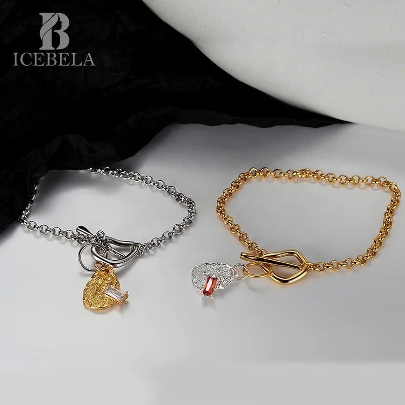 ICEBELA Jewelry S925 Sterling Silver Ot Button Diamond Irregular Texture Bracelet Female Ins Style Two-color Bracelet