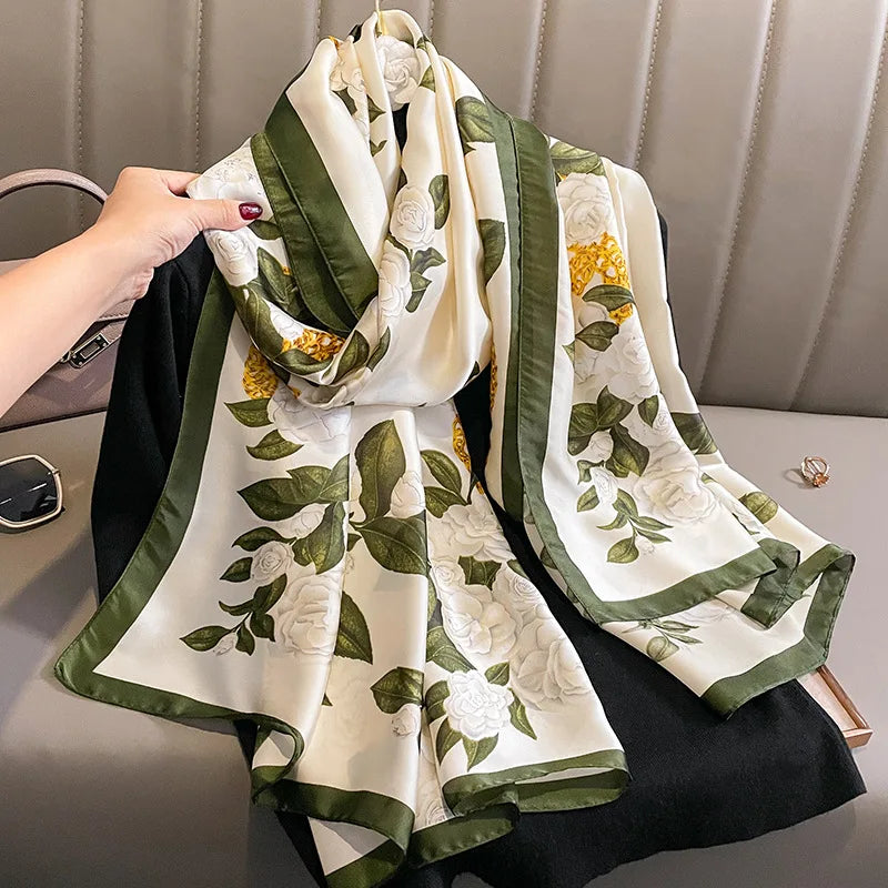 Wholesale 2023 New Plain White Flower Pattern Silk Printed Scarves for Woman Hijabs Elegant Soft Floral Silk Neck Scarf for Lady