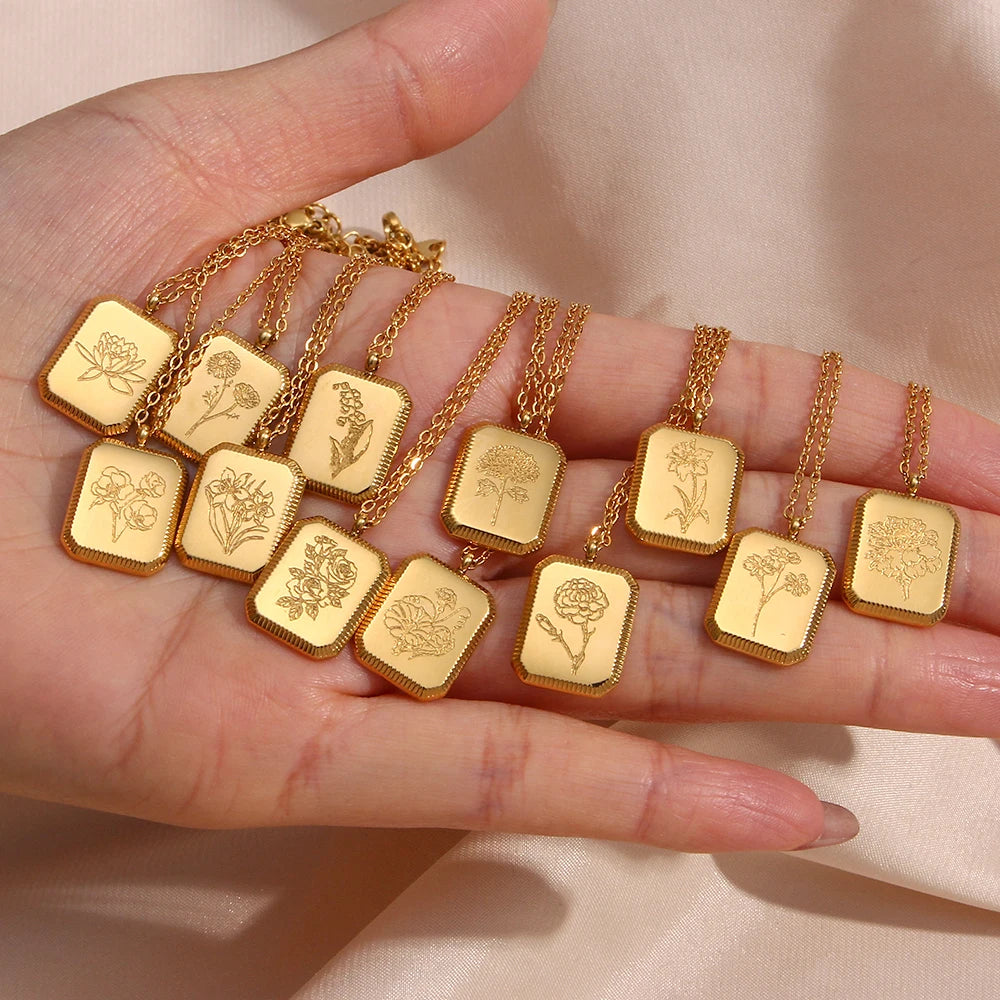 2022 Cute Square Stainless Steel Gold Plated Month Birth Flower Necklaces Waterproof New Design Classic Style-Best Birthday Gift