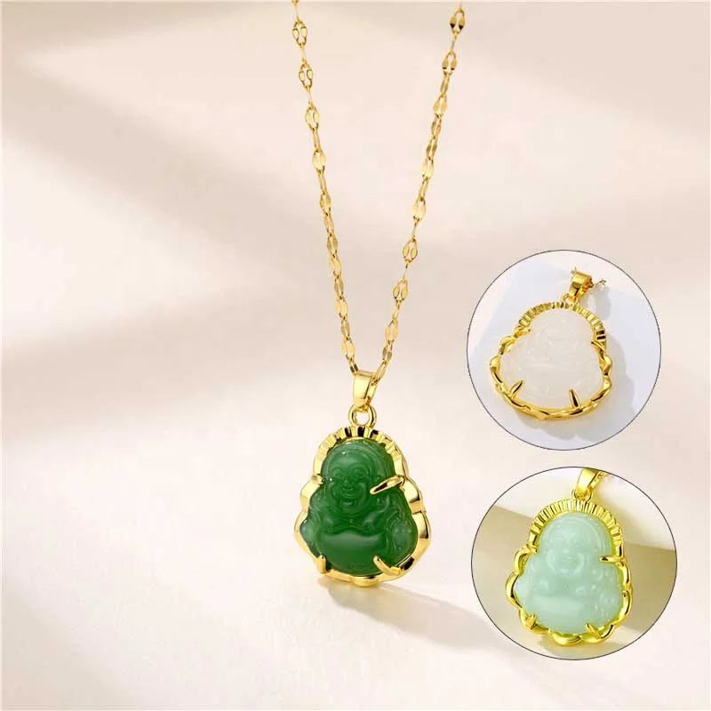 Dainty 18k Gold Plated Non Tarnish Small Green Jade Maitreya Buddha Pendant Necklace Stainless Steel Laughing Buddha Necklace