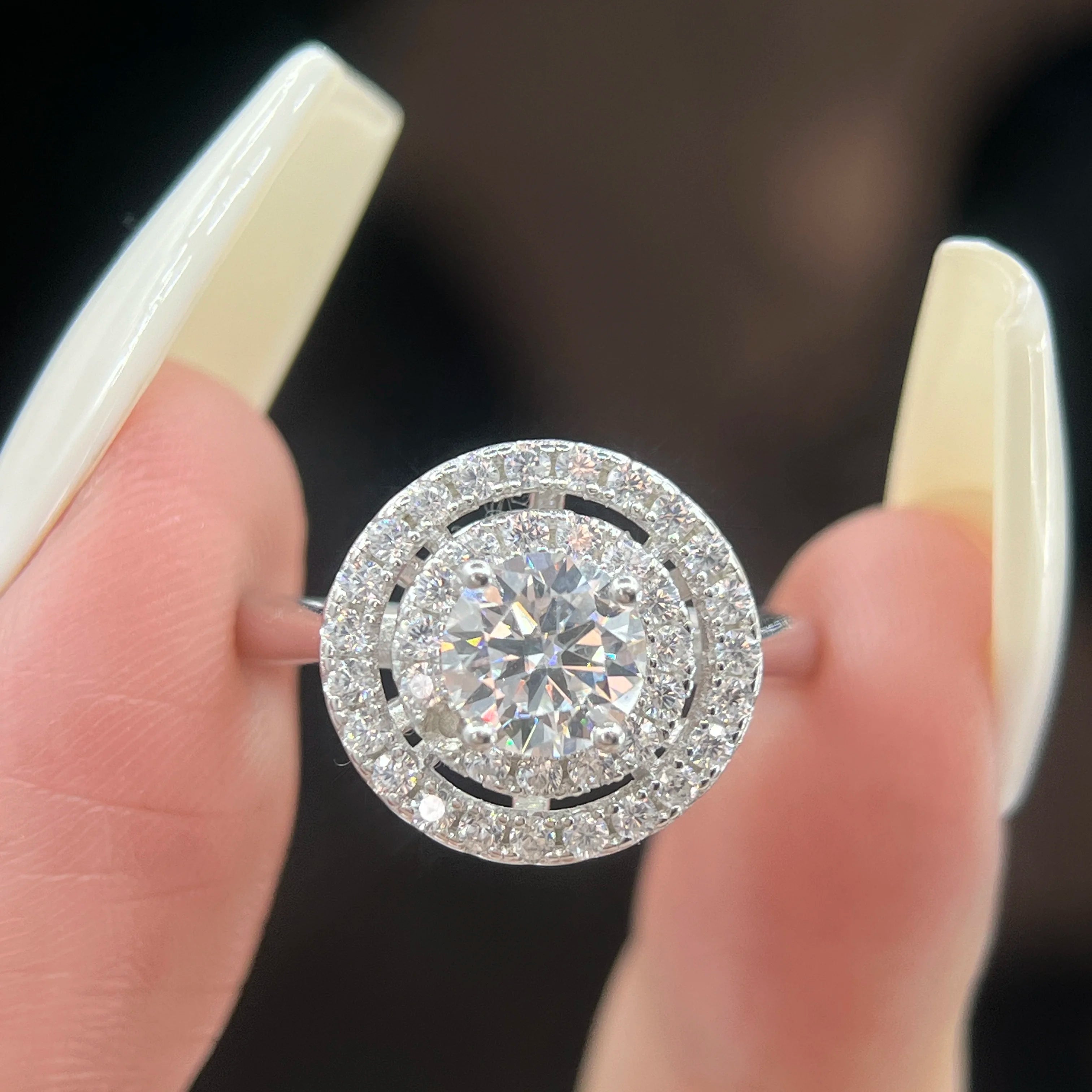 Custom Double Halo Solitaire Round VVS 1CT Diamond  S925 Sterling Silver Moissanite Rings for Women Wedding Engagement Jewelry