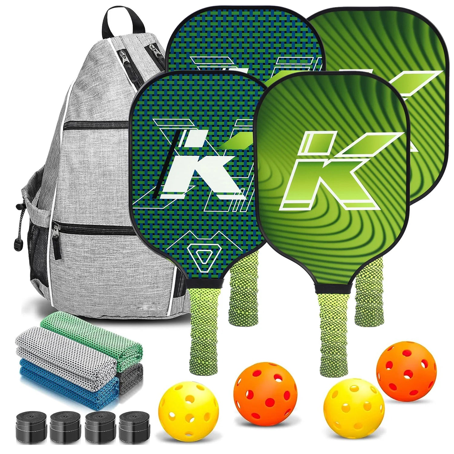 USAPA Approved Set of Customized UV Printed Pickleball Paddles Green Carbon Fiber Glass Colorful Design Pickleball Paddle Set