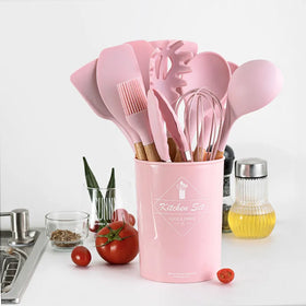 Silicone Durable Reusable Cooking Utensil Set Heat Resistant Wooden Handle Spoon Spatula Holder Nonstick Cookware
