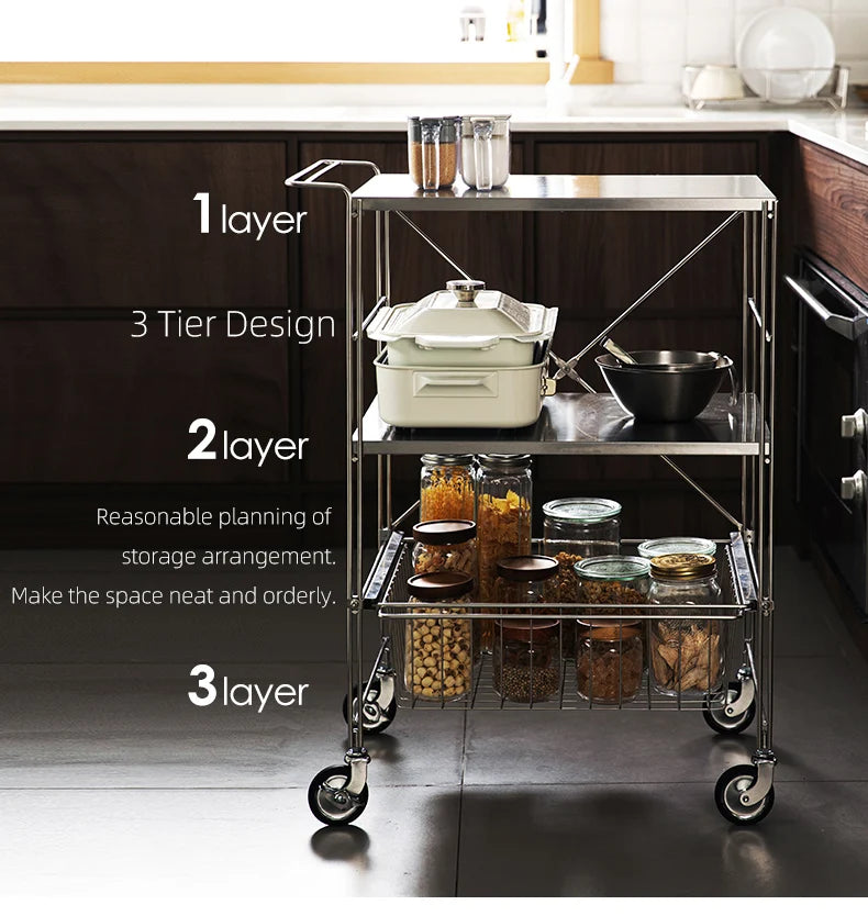 SHIMOYAMA Stainless Steel 3 Tier Heavy Duty Commercial Grade Food Storage Trolley Service Utility Rolling Cart With Handle Bar