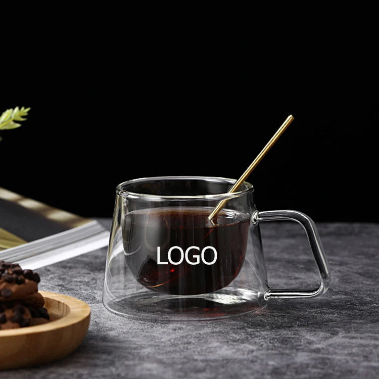 Wholesale 200ml Square High Borosilicate Double Wall Glass Coffee Cup with Handle