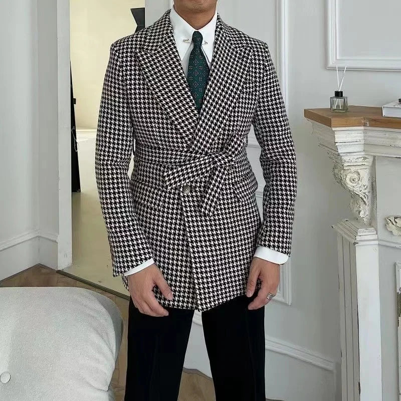 Custom High-quality Wool Men's Classic Black and White Plaid Jacket Business Casual Jacket Short Jacket Houndstooth Plaid Casu
