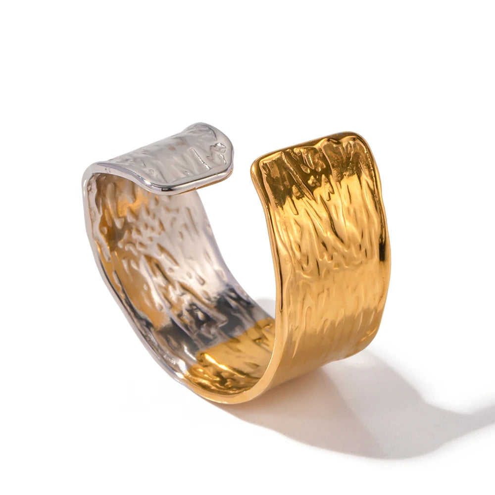 Charm 18k Gold Plated Stainless Steel Jewelry Gift Splicing Opening Wide Texuture Rings for Women