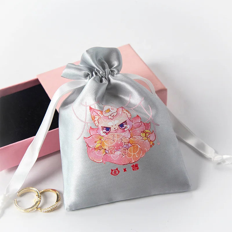 Wholesale Custom Printed Logo Small Silk Satin Jewelry Grey Pouch Drawstring Satin Bag