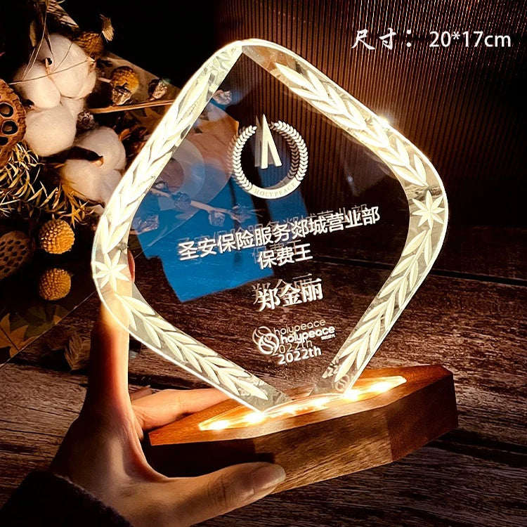 Personalized Diamond Shape Crystal Plaque Crystal Trophy Award with Led Light Wooden Base MH-NJ0292
